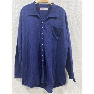 Free People Beach Long Sleeve Button Front Knit Shirt Navy‎ Linen Tunic Women S